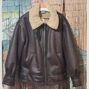 BDG Oversized Aviator Jacket, Faux Leather and Faux Shearling, Chocolate, Large
